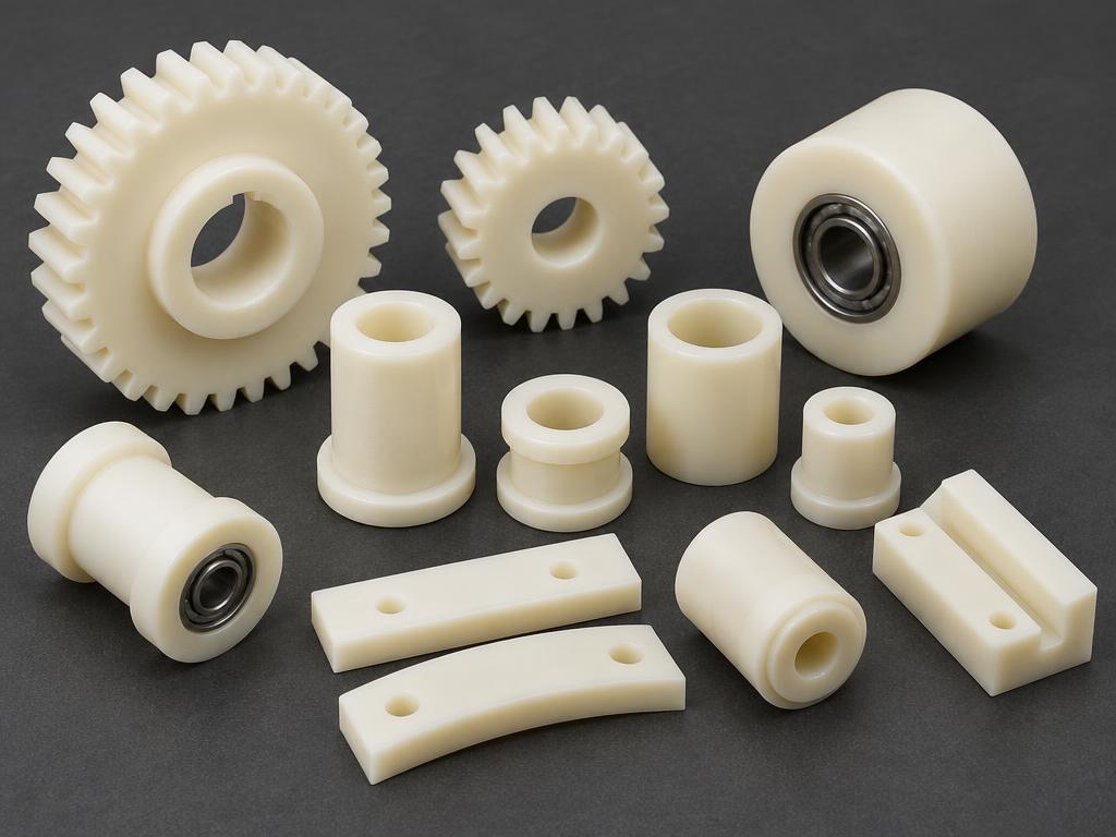 Machined cream cast-nylon gears, bushes and rollers