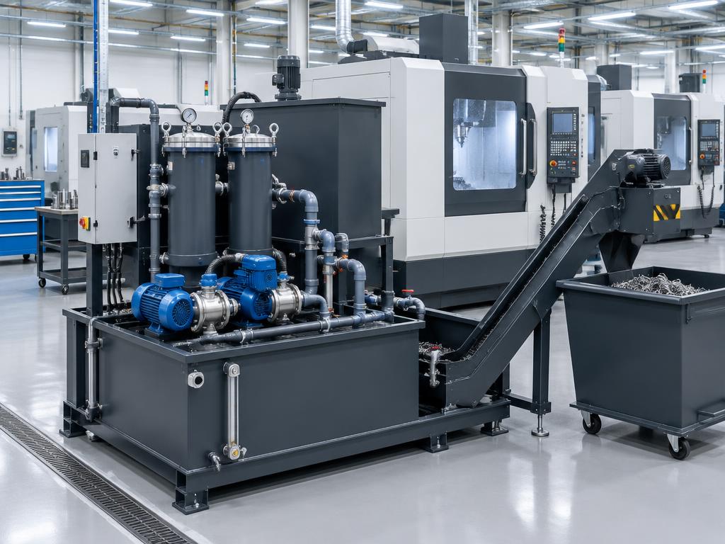 CNC coolant filtration unit with curled metal swarf