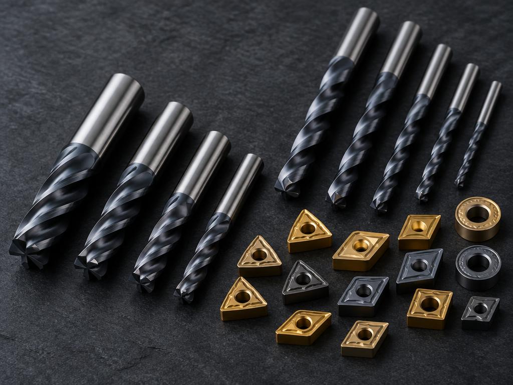 Carbide end mills and twist drills in a row