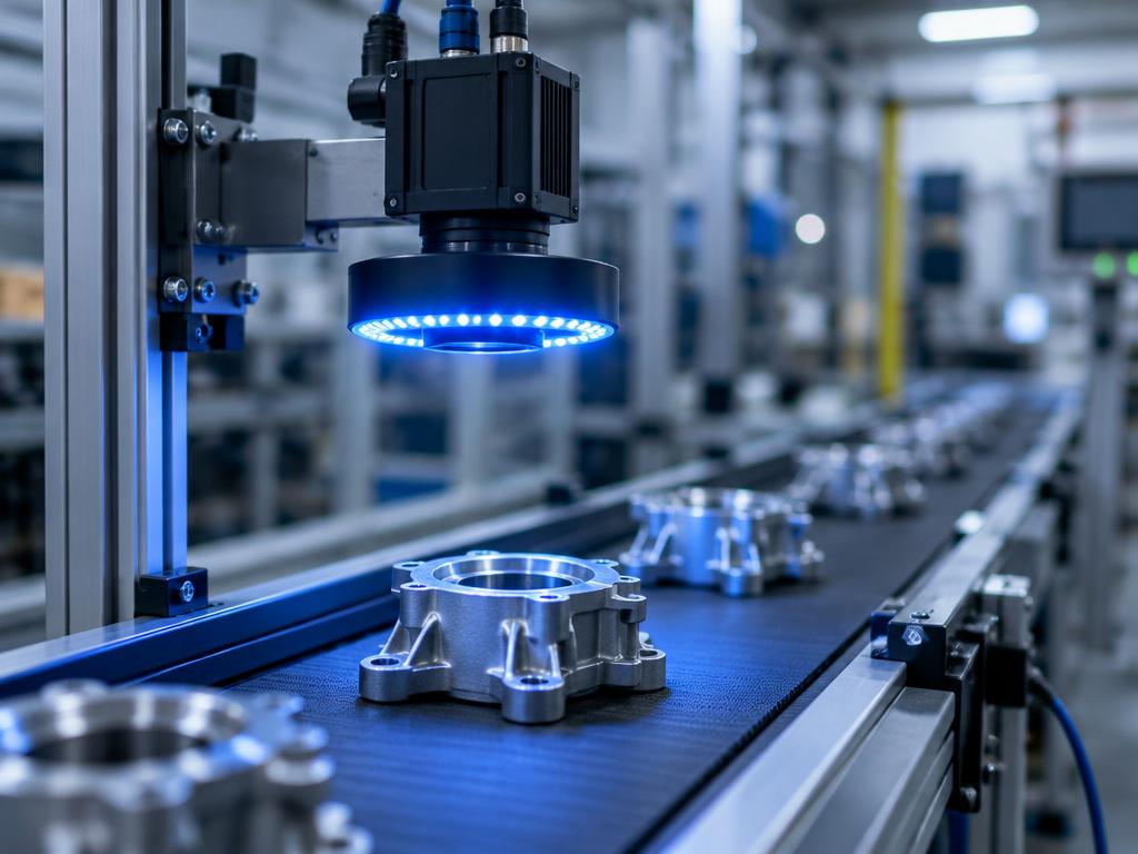 Machine-vision camera inspecting parts on a conveyor