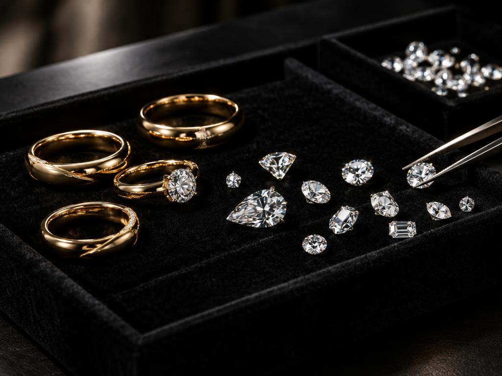 Gold rings and loose diamonds on a velvet tray