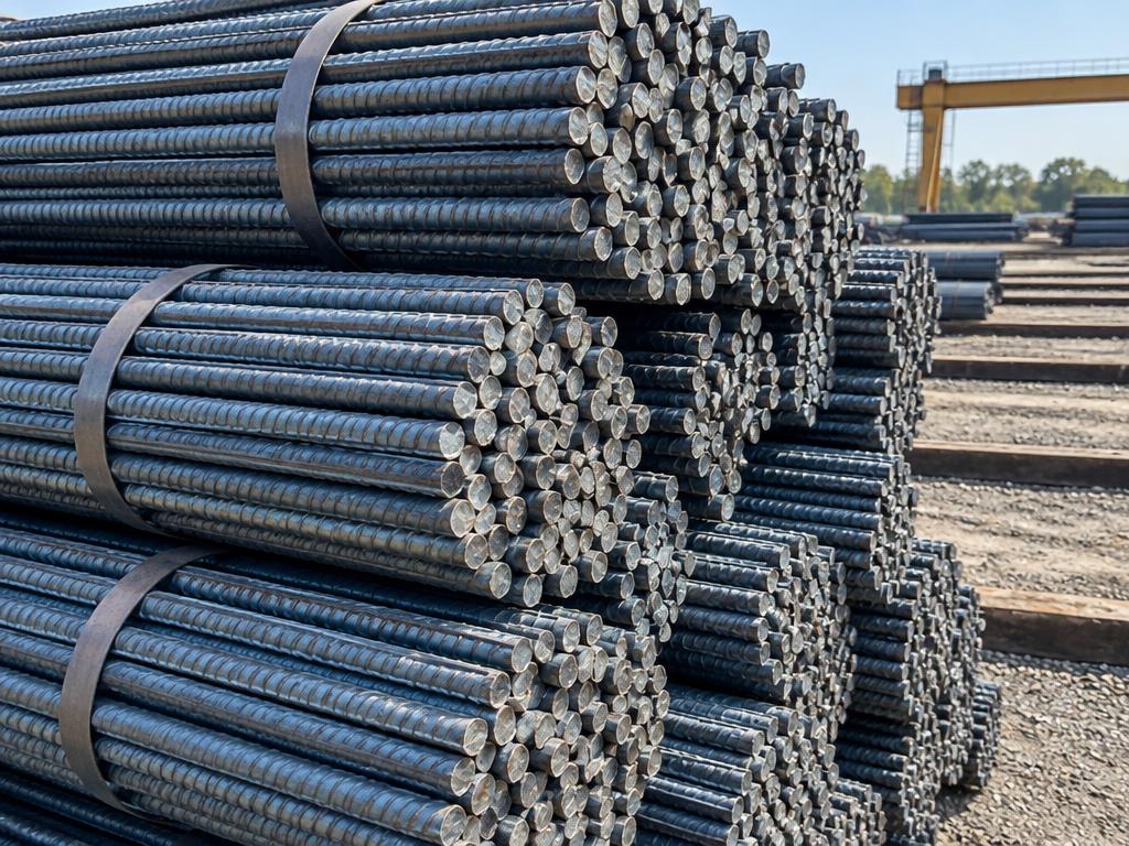 Bundles of ribbed TMT rebar in a yard