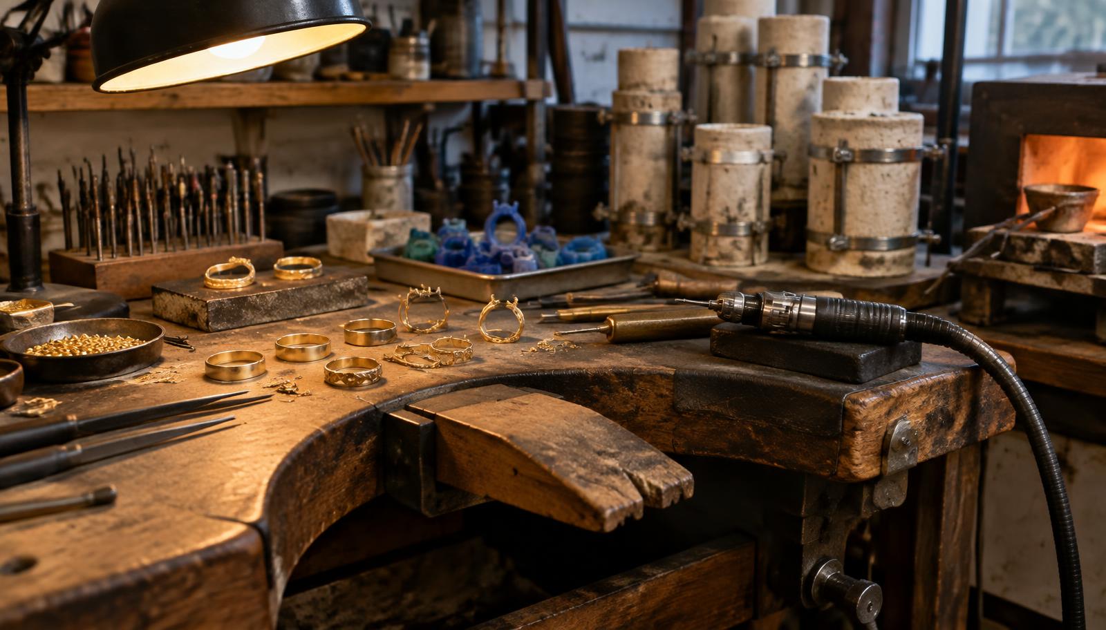 Goldsmith bench with rings in progress and casting flasks