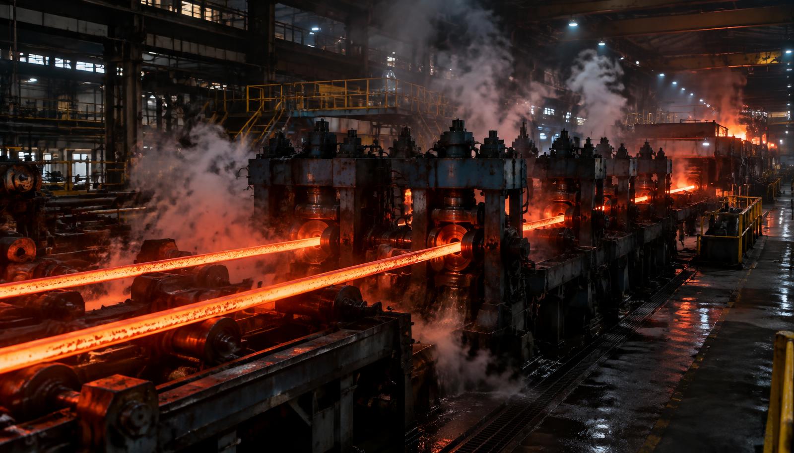 Red-hot steel bars passing through rolling stands in a rebar mill