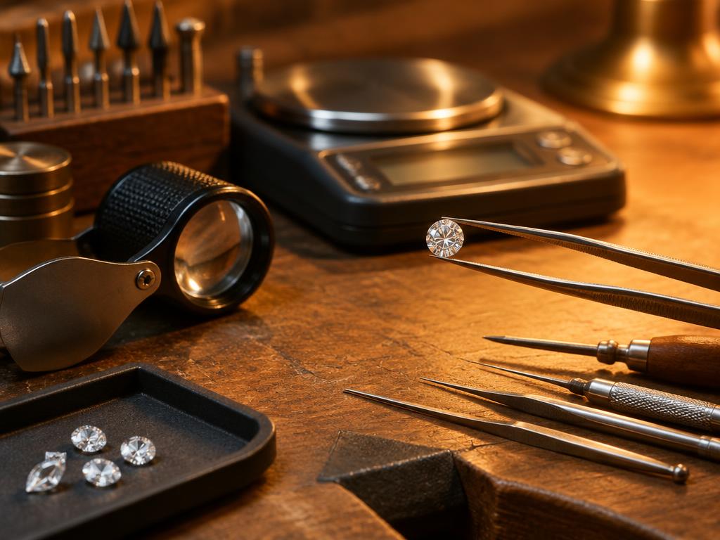 Jeweller's tweezers holding a diamond with a loupe