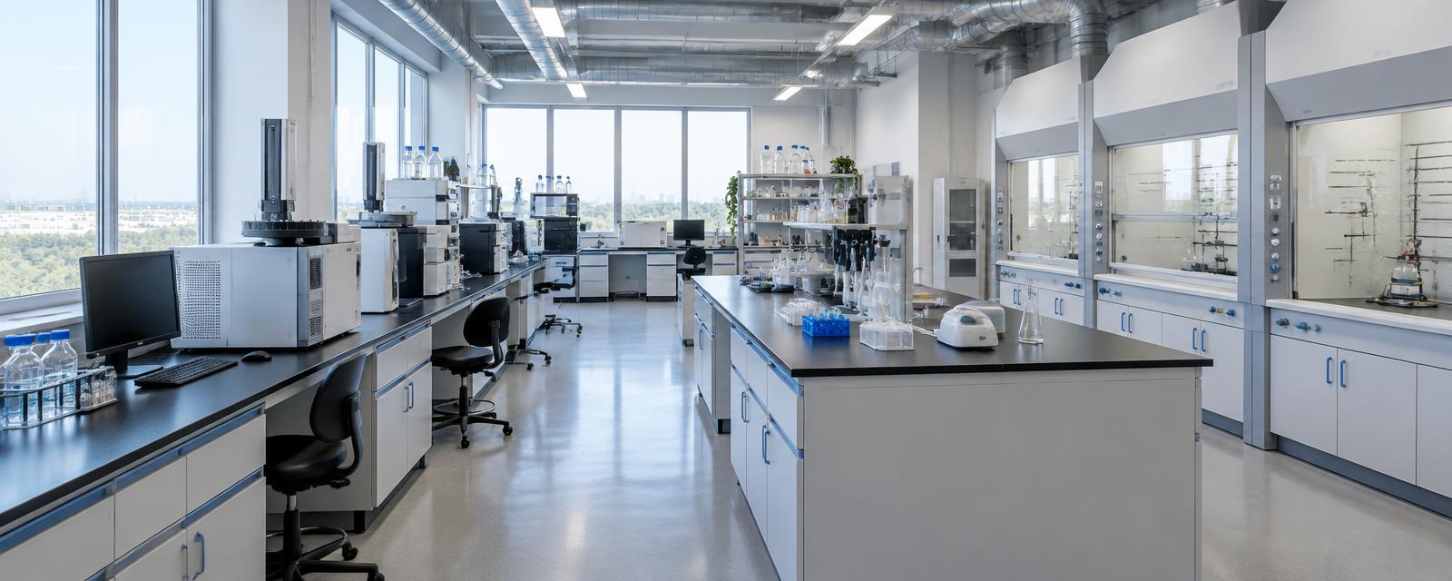 Modern industrial QC and R&D laboratory with benches and fume hoods