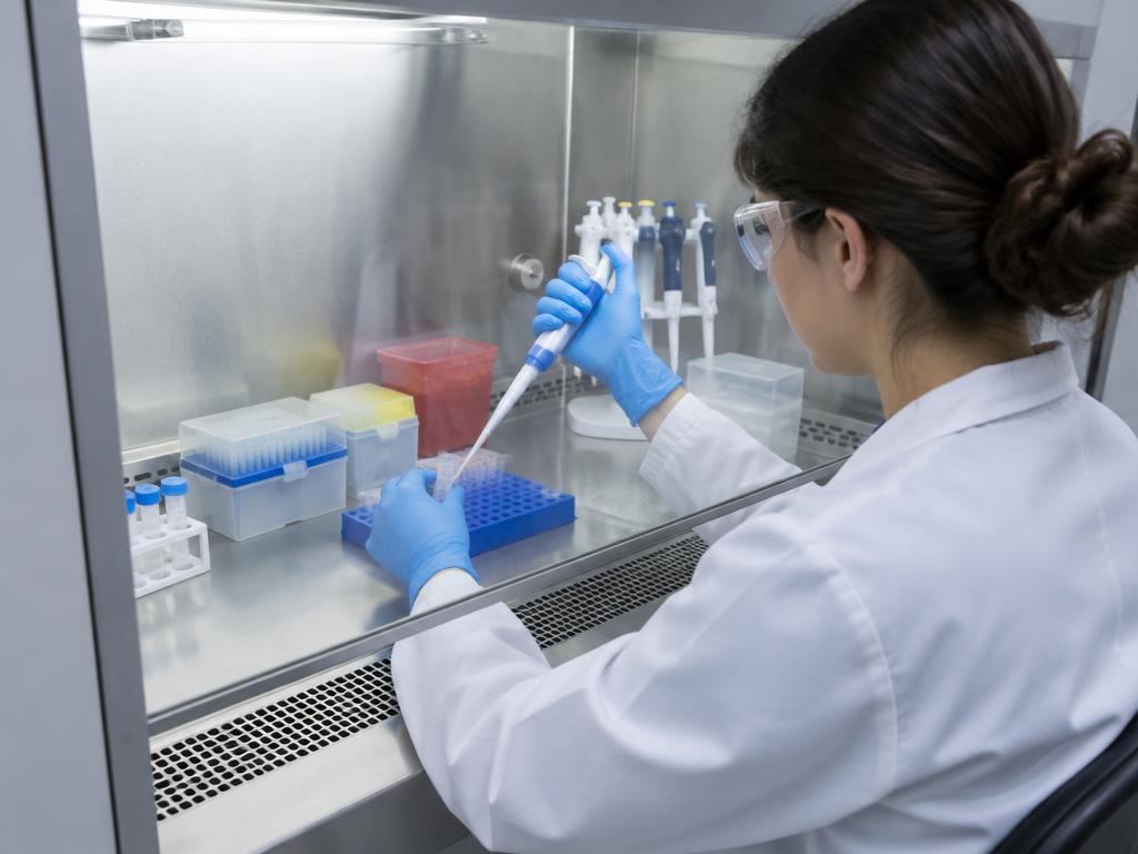 Scientist working inside a biosafety cabinet