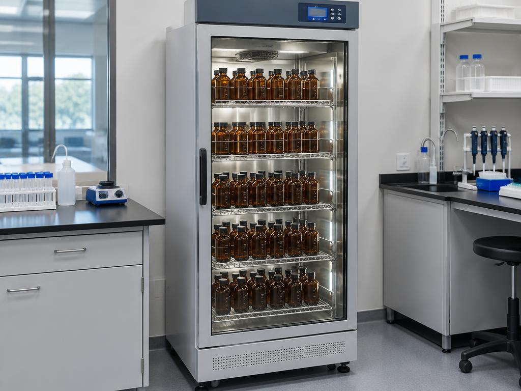 BOD incubator with rows of amber glass bottles