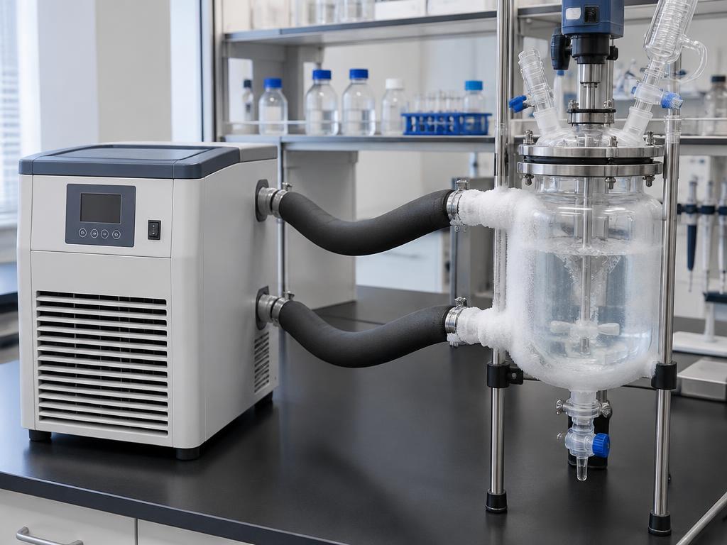 Recirculating chiller connected to a glass reactor