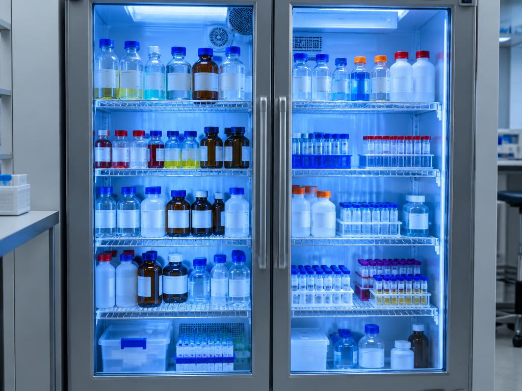 Glass-door laboratory refrigerator stocked with reagents
