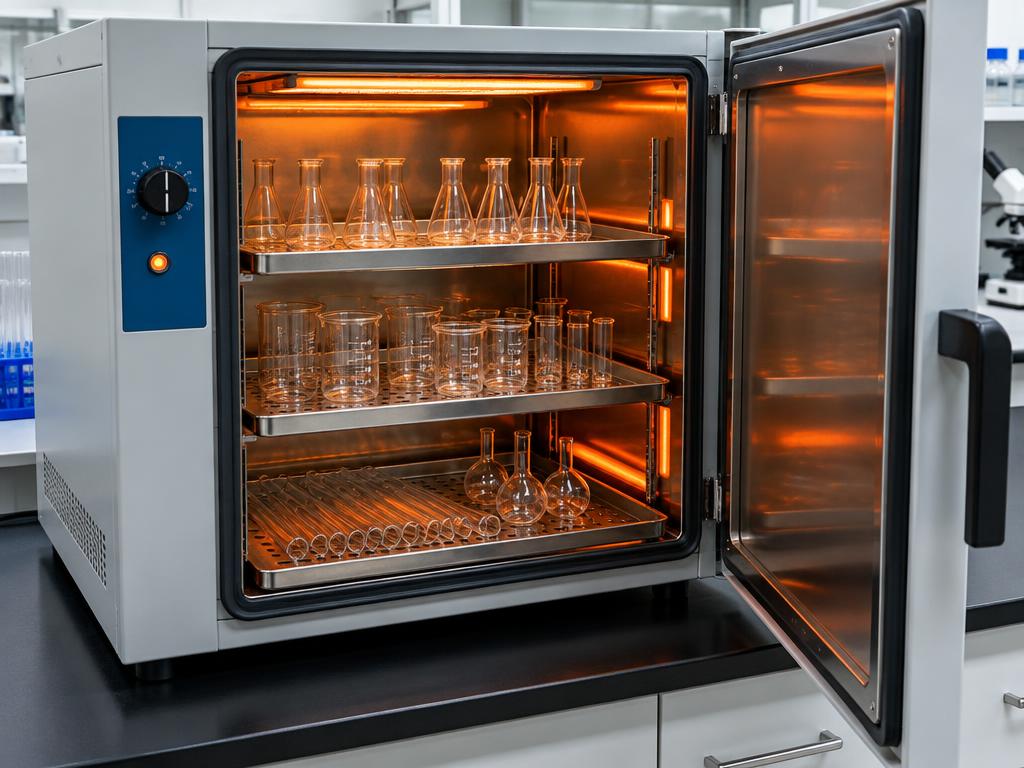 Hot air oven drying glassware on trays