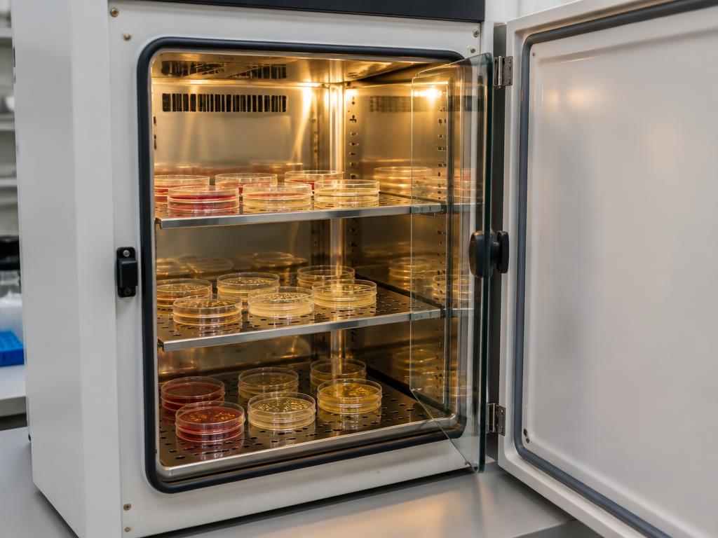 Open laboratory incubator with petri dish cultures