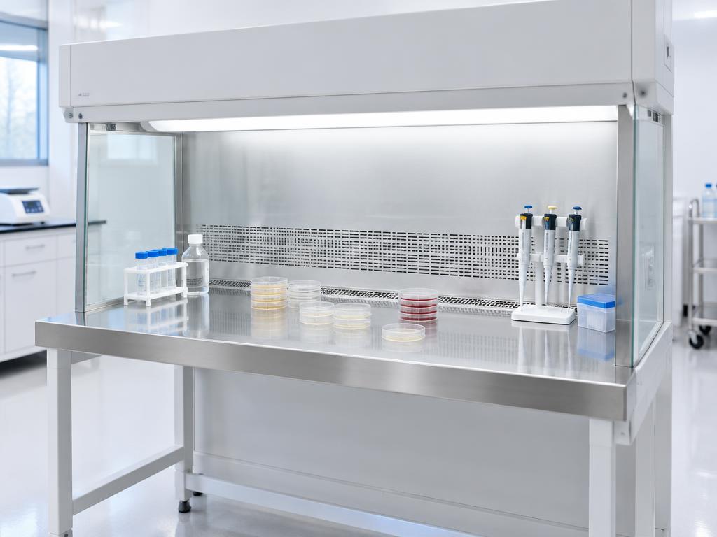 Laminar air flow clean bench with petri dishes