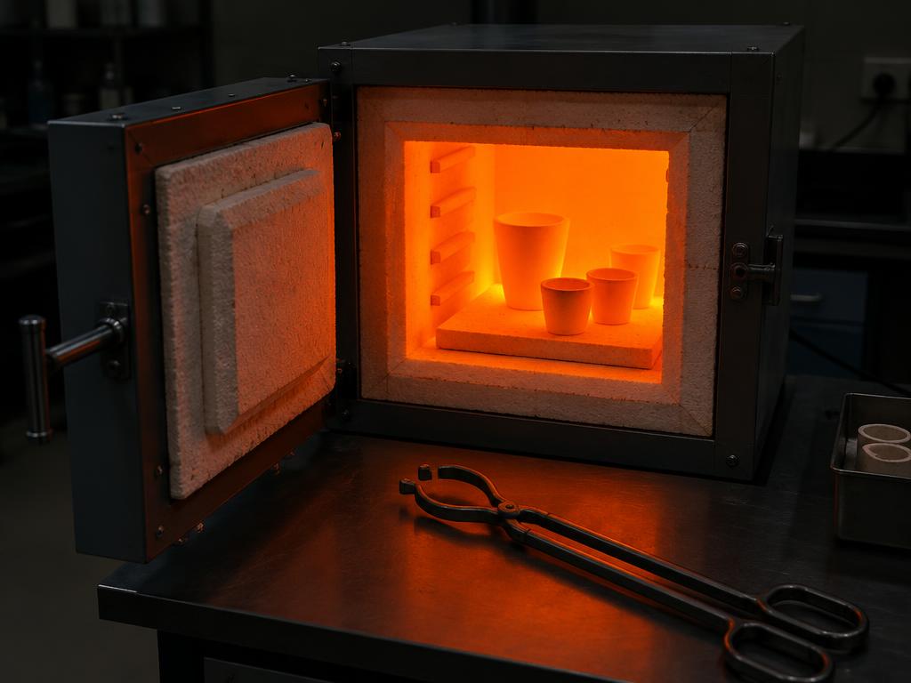 Muffle furnace glowing orange with crucibles inside