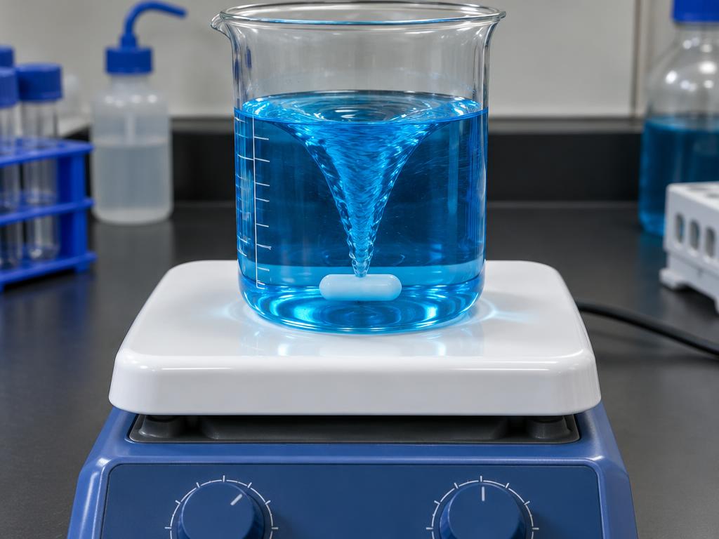 Magnetic stirrer with a beaker of blue solution in a vortex
