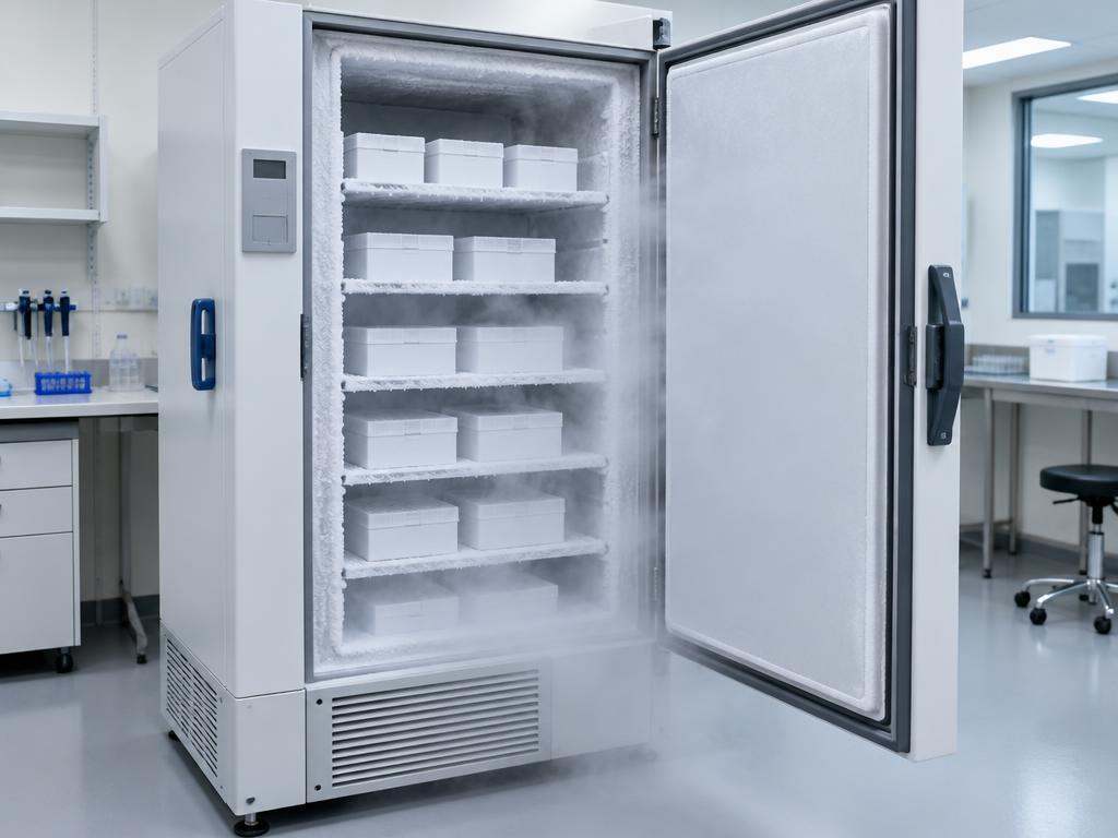 Ultra-low temperature freezer with frosted shelves