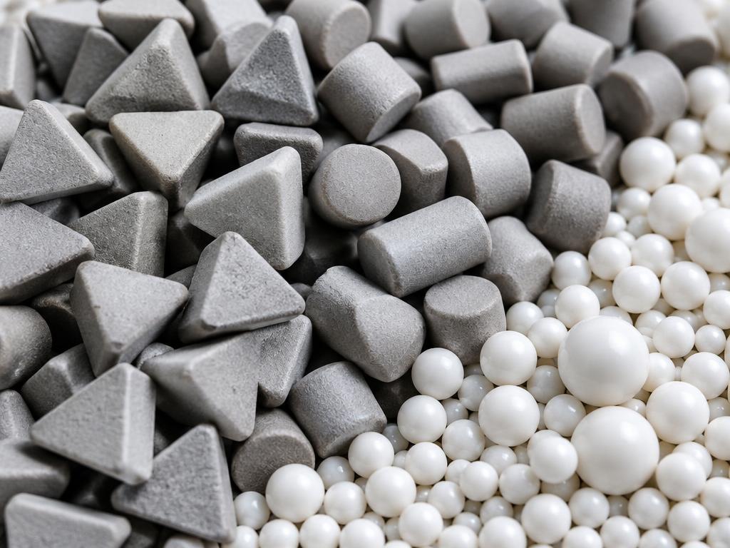Pile of ceramic tumbling media triangles and cones
