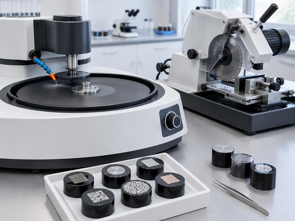 Metallurgical microscope and polished sample in a lab