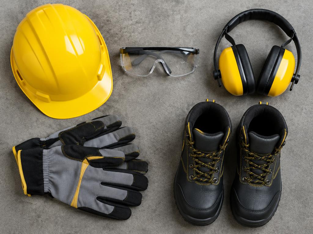 Safety helmet, goggles, gloves and ear defenders