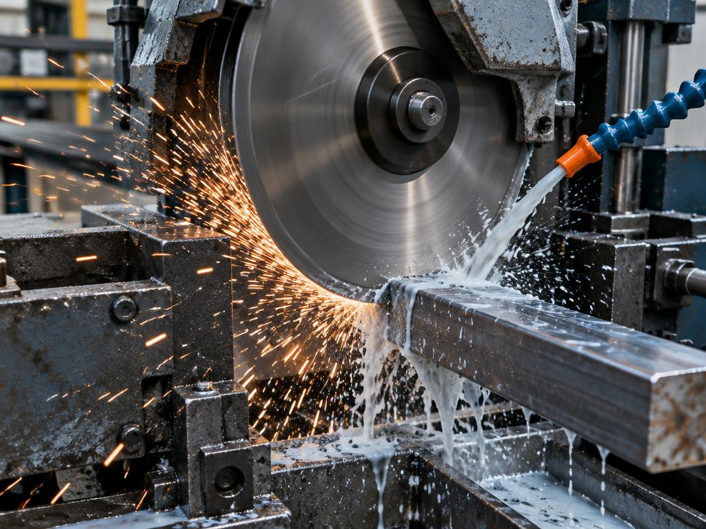 Circular cold saw blade cutting a steel bar with sparks