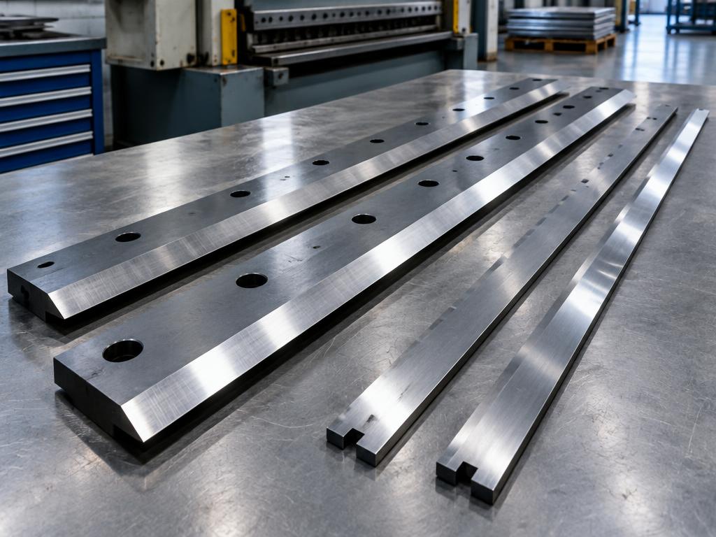 Long straight guillotine shear blades on a steel bench