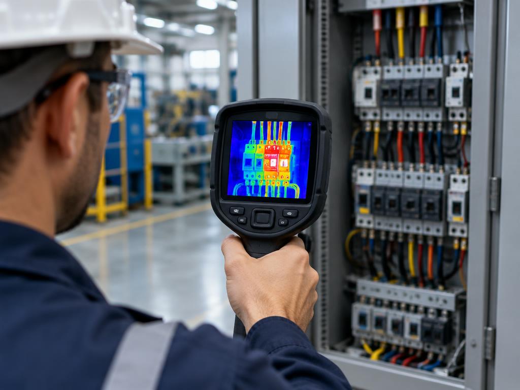 Handheld thermal camera showing a heat-map of an electrical panel