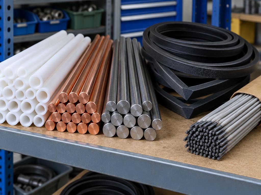 PTFE tubes, copper and steel rods, V-belts and welding rods on a shelf
