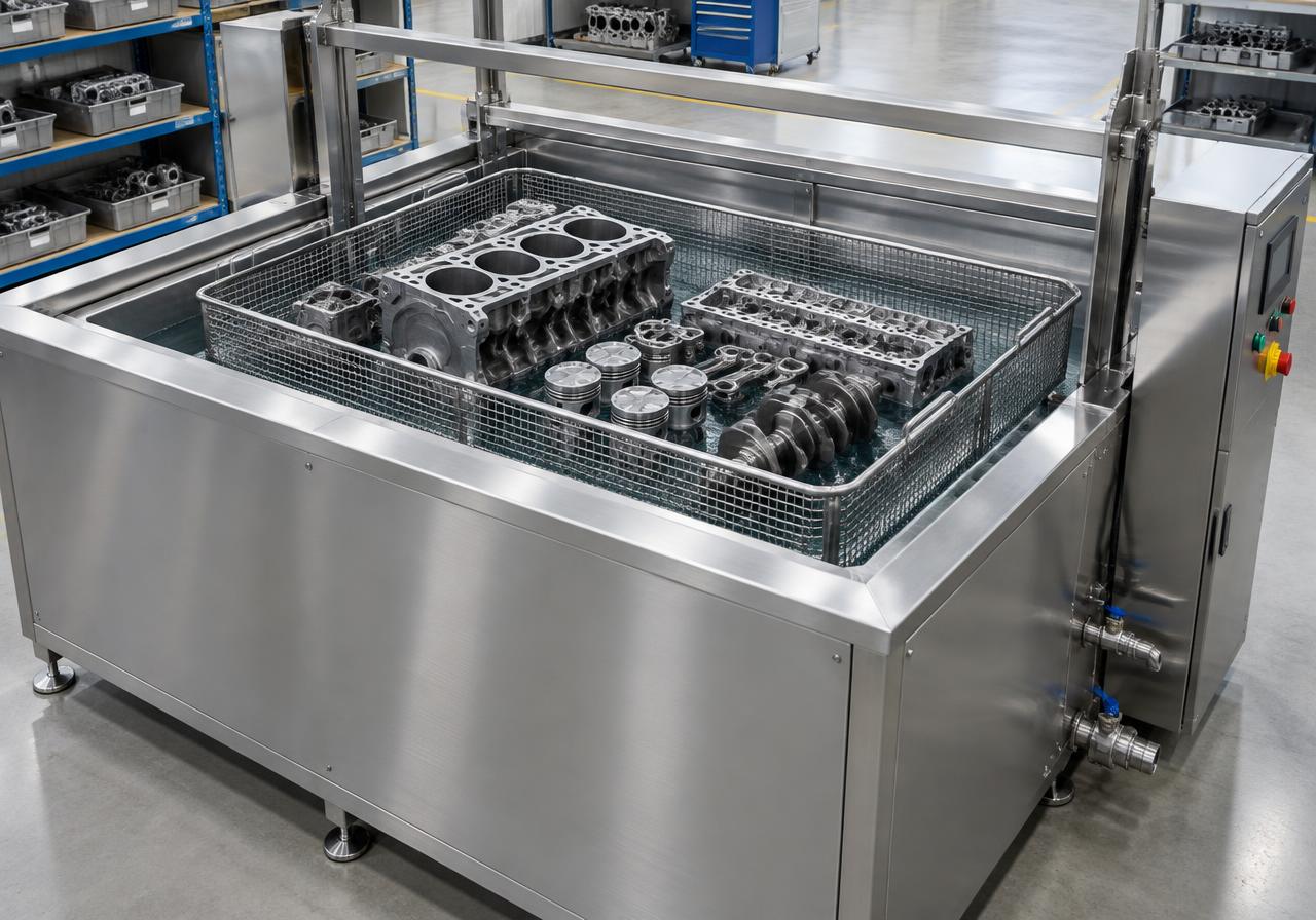 Stainless ultrasonic cleaning tank with parts in water